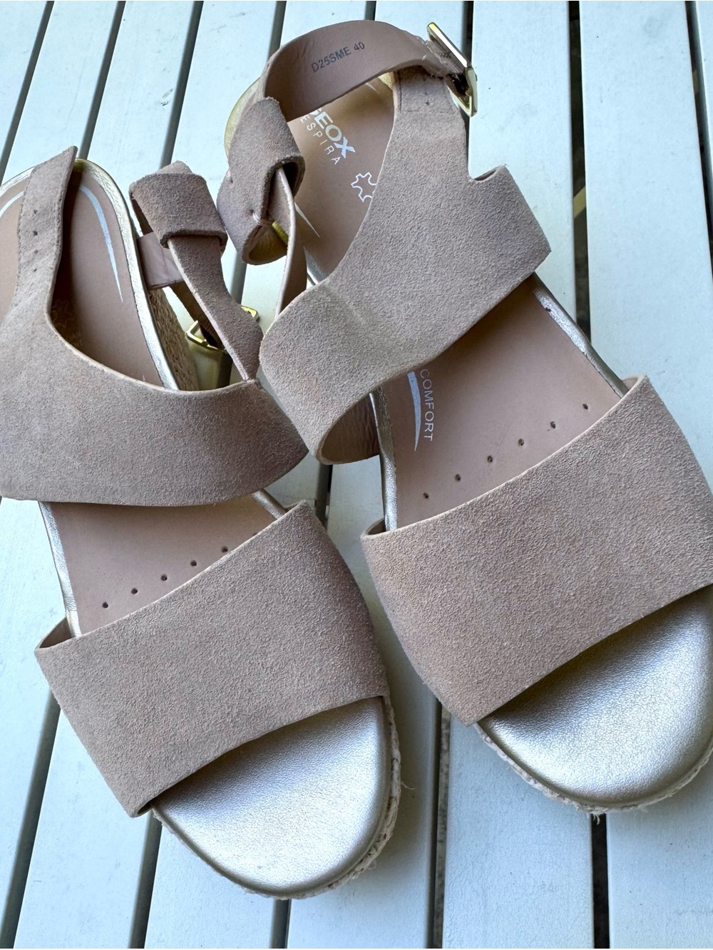 Geox Tan Suede Platform Sandals with Metallic Footbed